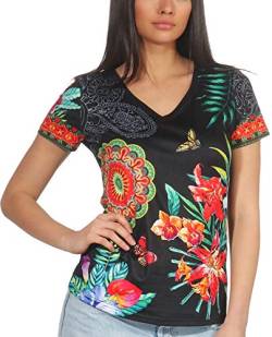 Jela London Damen Glitzer T-Shirt Stretch Steinchen Blumen bunt Kurzarm Paisley, Schwarz 40 42 (M/L) von Jela London