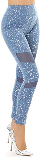 Jela London Damen High-Waist Glitzer-Leggings Mesh Netzeinsatz, Blau 40-42 von Jela London