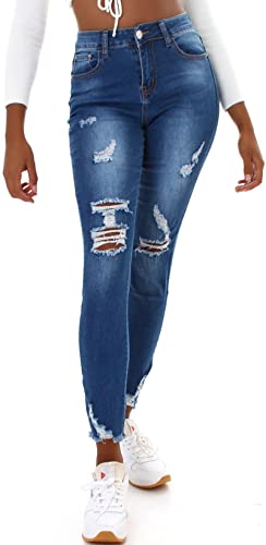 Jela London Damen High Waist Jeans Destroyed Frayed Skinny Stretch, Dunkelblau 32-34 von Jela London