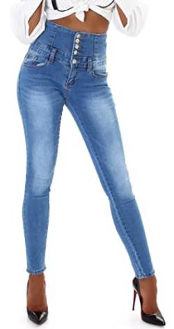 Jela London Damen High Waist Jeans Knopfleiste Stretch Skinny Slim, Hellblau 38 von Jela London