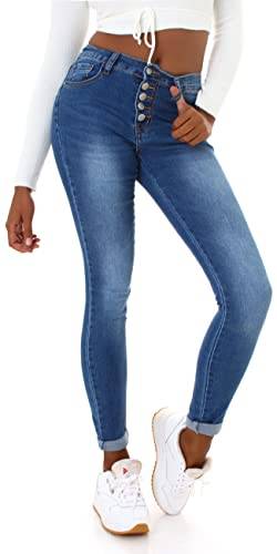 Jela London Damen High Waist Jeans Skinny Stretch Knopfleiste Stone-Washed Slim, Blau 32-34 von Jela London