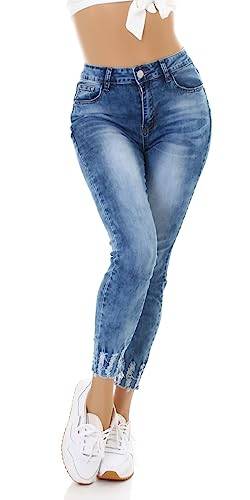 Jela London Damen High Waist Jeans Stretch Denim Batik Fray, Blau 36 von Jela London
