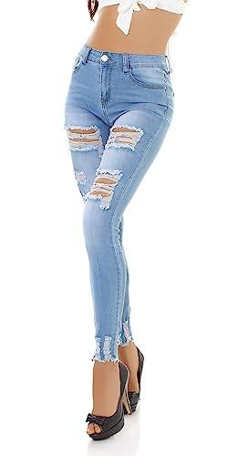 Jela London Damen High Waist Jeans Stretch Destroyed Löcher Risse Fray, Hellblau 36 von Jela London