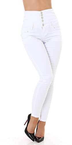 Jela London Damen High Waist Korsagen-Jeans Knopfleiste Stretch Skinny Slim, Weiß 40 von Jela London