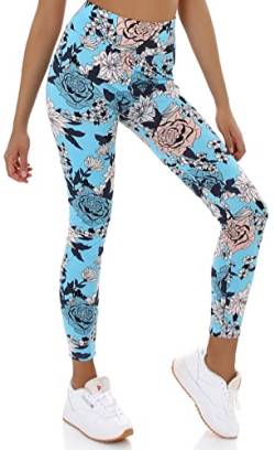 Jela London Damen High-Waist Leggings lang Blumen Flower Power atmungsaktiv Stretch, Hellblau 40-42 (XL/2XL) von Jela London