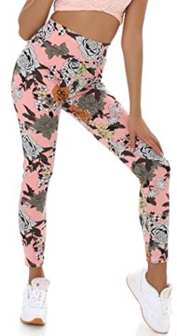 Jela London Damen High-Waist Leggings lang Blumen Flower Power atmungsaktiv Stretch, Rosa 36-38 (S/M) von Jela London