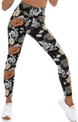 Jela London Damen High-Waist Leggings lang Blumen Flower Power atmungsaktiv Stretch, Schwarz 40-42 (XL/2XL) von Jela London