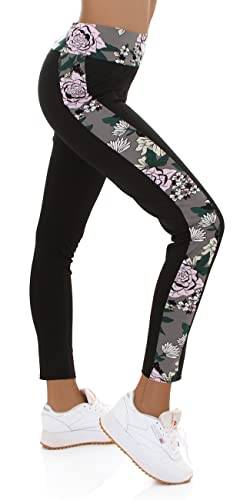 Jela London Damen High-Waist Leggings lang Hoher Bund atmungsaktiv Stretch Blumenmotiv Beinstreifen, Grau 40-42 (XL/2XL) von Jela London