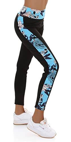 Jela London Damen High-Waist Leggings lang Hoher Bund atmungsaktiv Stretch Blumenmotiv Beinstreifen, Hellblau 38-40 (M/L) von Jela London