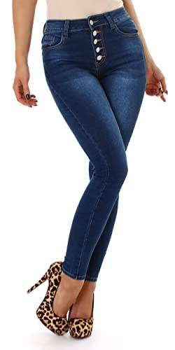 Jela London Damen High Waist Stretch Jeans Knopfleiste Skinny Stone-Washed Slim, Dunkelblau 34-36 von Jela London