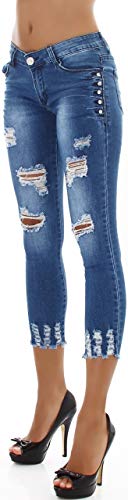 Jela London Damen Jeans Capri Skinny Push Up Stretch Destroyed Risse Glitzer Strass Steinchen Applikation Fransen Washed, Hellblau 38-40 von Jela London
