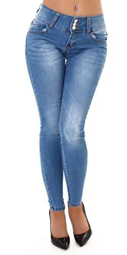 Jela London Damen Jeans Knopfleiste Hoher Bund Skinny Stretch Strass-Schleife, Blau 38-40 von Jela London