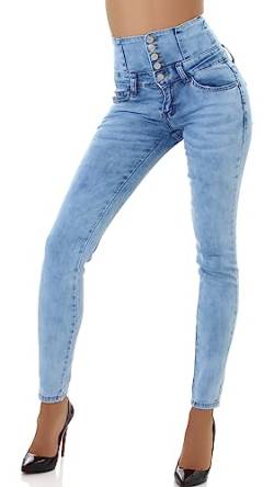 Jela London Damen Lange High Waist Stretch Jeans Knopfleiste Bodycon, Hellblau 42 von Jela London