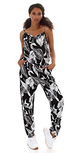 Jela London Damen Langer Overall Onesie Jumper Jumpsuit V-Ausschnitt Träger verstellbar Taschen Blätter, Schwarz 40-42 (L/XL) von Jela London