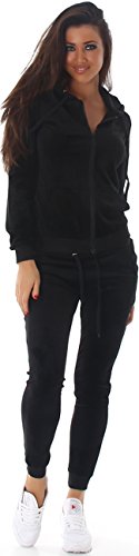 Jela London Damen Nicki Hausanzug Jogginganzug Velour Samt Jogging Freizeit Hose Kapuzen Jacke, Black, 34-36 (S) von Jela London