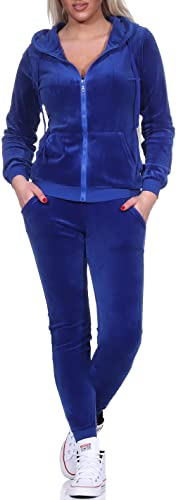 Jela London Damen Nicki Hausanzug Jogginganzug Velour Samt Jogging Freizeit Hose Kapuzen Jacke, Blau, 38-40 (L) von Jela London