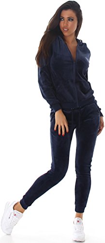 Jela London Damen Nicki Hausanzug Jogginganzug Velour Samt Jogging Freizeit Hose Kapuzen Jacke, Dunkelblau, 36-38 (M) von Jela London