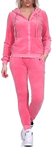 Jela London Damen Nicki Hausanzug Jogginganzug Velour Samt Jogging Freizeit Hose Kapuzen Jacke, Dunkelrosa, 34-36 (S) von Jela London