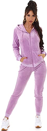 Jela London Damen Nicki Hausanzug Jogginganzug Velour Samt Jogging Freizeit Hose Kapuzen Jacke, Flieder Hell Violett, 34-36 (S) von Jela London