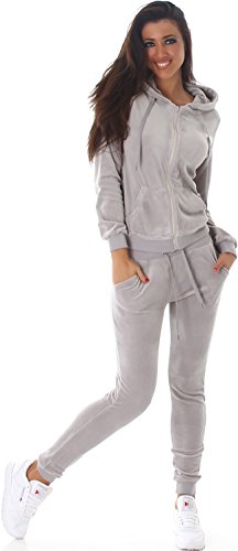 Jela London Damen Nicki Hausanzug Jogginganzug Velour Samt Jogging Freizeit Hose Kapuzen Jacke, Grau, 34-36 (S) von Jela London