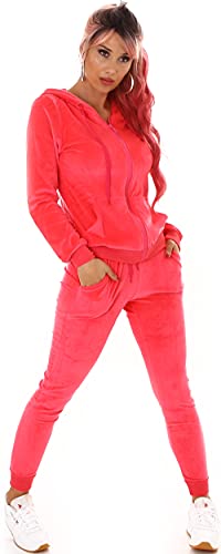 Jela London Damen Nicki Hausanzug Jogginganzug Velour Samt Jogging Freizeit Hose Kapuzen Jacke, Neon-Pink, 34-36 (S) von Jela London