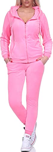 Jela London Damen Nicki Hausanzug Jogginganzug Velour Samt Jogging Freizeit Hose Kapuzen Jacke, Neon Rosa, 36-38 (M) von Jela London