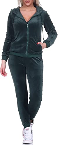 Jela London Damen Nicki Hausanzug Jogginganzug Velour Samt Jogging Freizeit Hose Kapuzen Jacke, Olive Grün, 34-36 (S) von Jela London