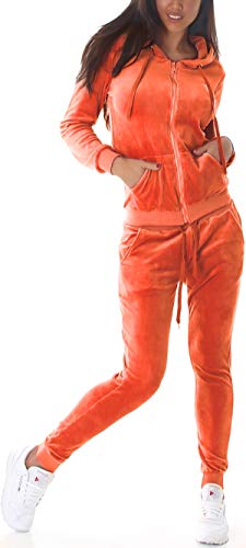 Jela London Damen Nicki Hausanzug Jogginganzug Velour Samt Jogging Freizeit Hose Kapuzen Jacke, Orange, 34-36 (S) von Jela London