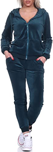 Jela London Damen Nicki Hausanzug Jogginganzug Velour Samt Jogging Freizeit Hose Kapuzen Jacke, Tannengrün, 34-36 (S) von Jela London