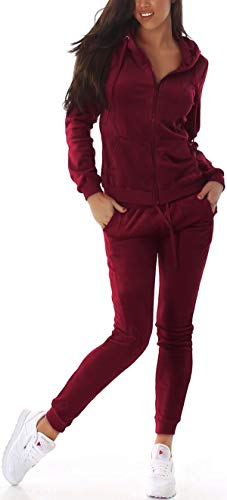 Jela London Damen Nicki Hausanzug Jogginganzug Velour Samt Jogging Freizeit Hose Kapuzen Jacke, Weinrot, 36-38 (M) von Jela London