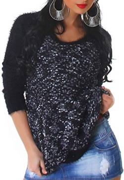 Jela London Damen Oversize Pullover Strick Fransen flauschig gepunktet, Schwarz 36-40 von Jela London