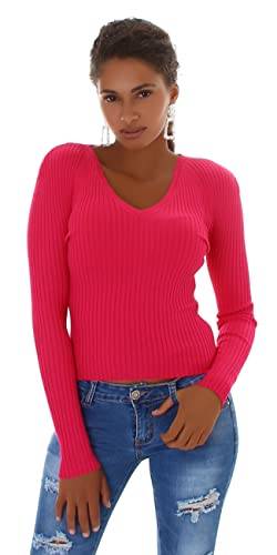 Jela London Damen Pullover kurz V-Ausschnitt Langarm Slim Stretch, Pink von Jela London