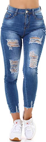 Jela London Damen Skinny Jeans Push Up Stretch High Waist Destroyed Risse Frayed Fransen, Blau 32-34 von Jela London