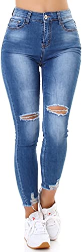Jela London Damen Skinny Jeans Stretch High Waist Destroyed Risse Washed Used, Blau 36-38 von Jela London
