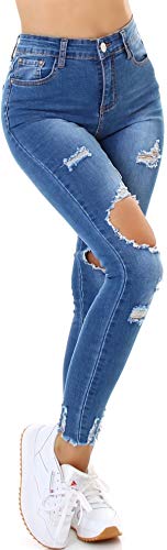 Jela London Damen Skinny Jeans Stretch High Waist Destroyed Used, Blau 34-36 von Jela London