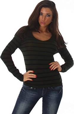 Jela London Damen Streifen Langarmshirt Pullover V-Ausschnitt Slim Langarm Stretch, Dunkel-Grün 34 36 38 von Jela London