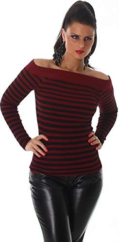 Jela London Damen Streifen-Pullover Fein-RIPP Stretch Carmen-Ausschnitt enganliegend, Weinrot 34 36 38 von Jela London