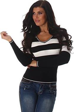 Jela London Damen Streifen Pullover dünn V-Ausschnitt Langarm Shirt Feinstrick gerippt 34-38, (Kurz - Schwarz) von Jela London