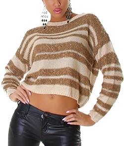 Jela London Damen Streifen-Pullover kurz bauchfrei Crop-Pulli, Beige von Jela London