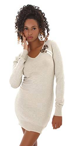 Jela London Damen Strickkleid Longpulli Stretch Schleife Leopard, Beige 34-38 von Jela London