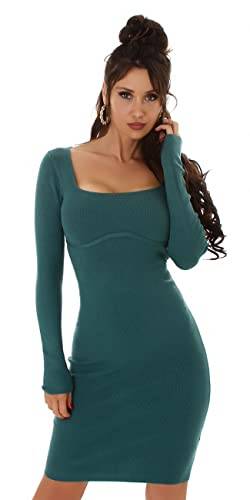 Jela London Damen Strickkleid Pulloverkleid Stretch Bodycon Feinripp Eckiger Ausschnitt Midikleid, Petrol von Jela London