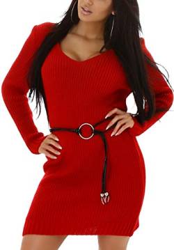 Jela London Damen Strickkleid Stretch V-Ausschnitt Grobstrick Streifen-Muster Gürtel, One Size 36 38 40, Rot von Jela London