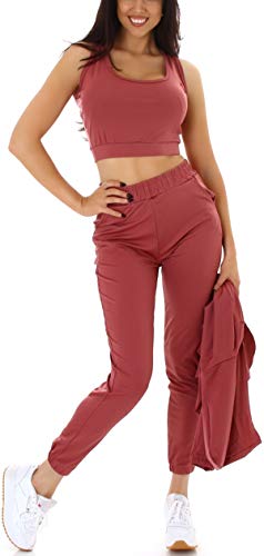 Jela London Damen Trainingsanzug Jogginganzug Stretch Hausanzug High-Waist Leggings Dreiteiler Crop-Top Kapuze-Jacke, Rot 34-36 (S/M) von Jela London