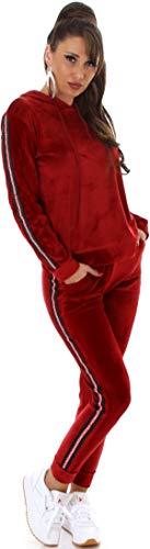 Jela London Damen Trainingsanzug Jogginganzug Stretch Hausanzug Kapuzen-Pullover, Nicki Velour Streifen, Rot 38-40 (L/XL) von Jela London