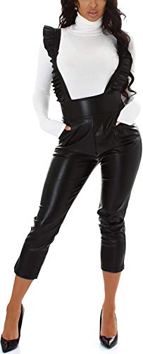 Jela London Damen Wetlook Latzhose Trägerhose Kunstleder Volant Raffung Overall Capri M (36-38) von Jela London