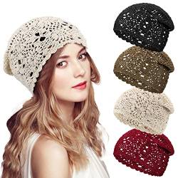 4 Stück gehäkelte Slouchy Beanie-Mütze, handgefertigt, Strick, Blumenmuster, Totenkopfmütze, Baumwolle, Ausschnitt, Sommermützen für Frauen, leicht, gestrickt, Khaki, Weinrot, Beige, Einheitsgröße von JenPen