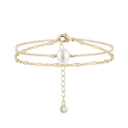 Jenosy 14K Vergoldet Armband Damen Gold mit Weiß Perle Schicht Personalisiertes Verstellbar Anhänger Armband für Frauen Mädchen Schmuck von Jenosy