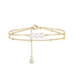 Jenosy 14K Vergoldet Große Armband Damen Gold mit 3 Weiß Perle Schicht Personalisiertes Verstellbar Anhänger Armband für Frauen Mädchen Schmuck von Jenosy