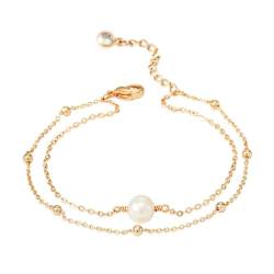 Jenosy 14K Vergoldet Große Armband Damen Gold mit Weiß Perle Schicht Personalisiertes Verstellbar Anhänger Armband für Frauen Mädchen Schmuck von Jenosy