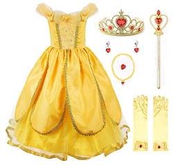 JerrisApparel Belle Kleider Kostüm Party Schick Ankleiden für Prinzessin Mädchen, Gelb 1 mit Zubehör, 7 Jahre (Herstellergröße: 140) von JerrisApparel